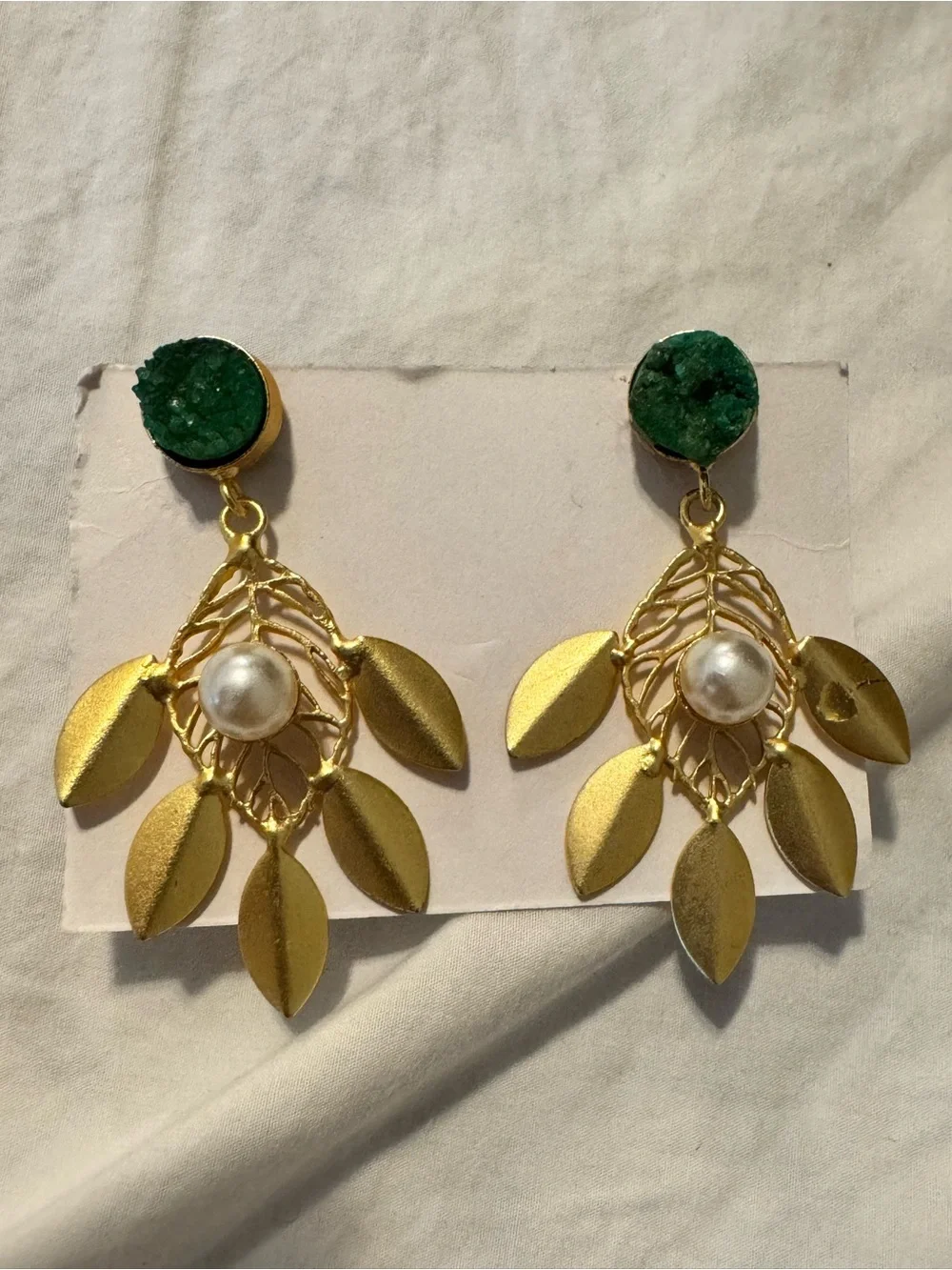 Gold Leaf Drop Earrings with Green Stone and Pearl Accent